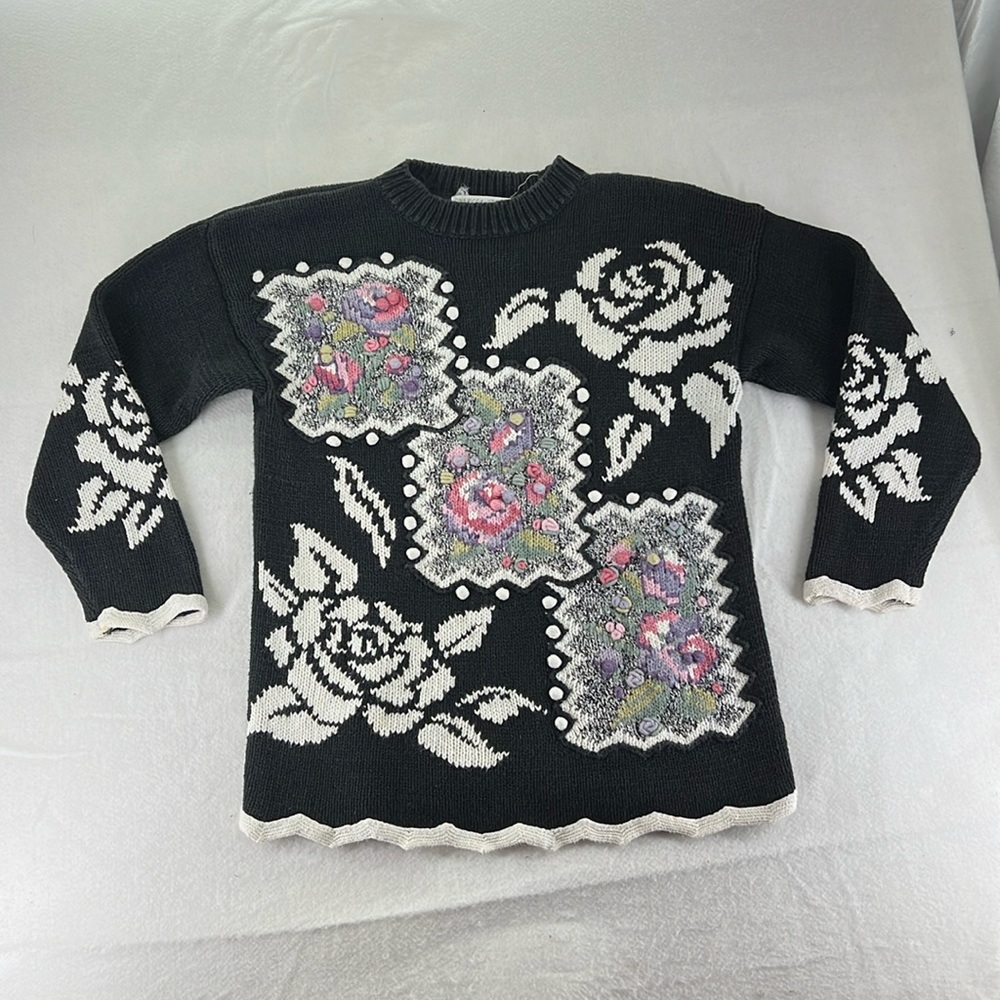 Vintage Rebecca Stone Pullover Heavy Knit Sweater Black Pink Floral Womens M